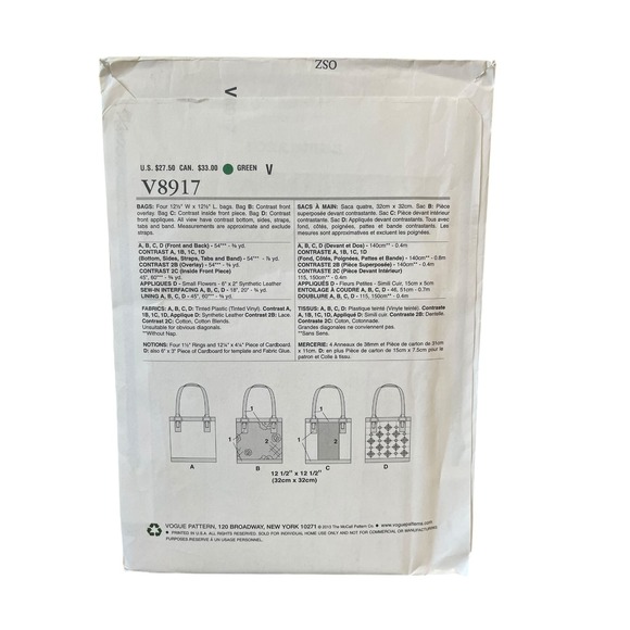 Vogue V8917 Tote Bag Sewing Pattern One Size Accessories - Picture 2 of 2